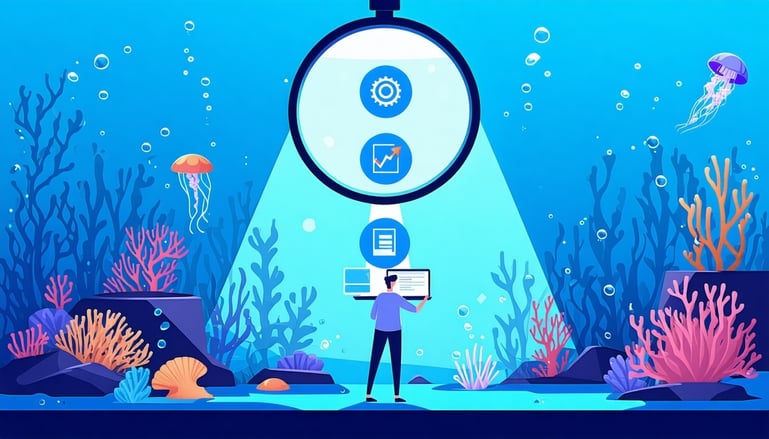 A digital illustration in a flat modern style depicting an underwaterthemed scene that represents efficiency for MSPs The background features deepsea blues coral and aquatic elements like seaweed and a jellyfish At the center is a large magnifying gl-2