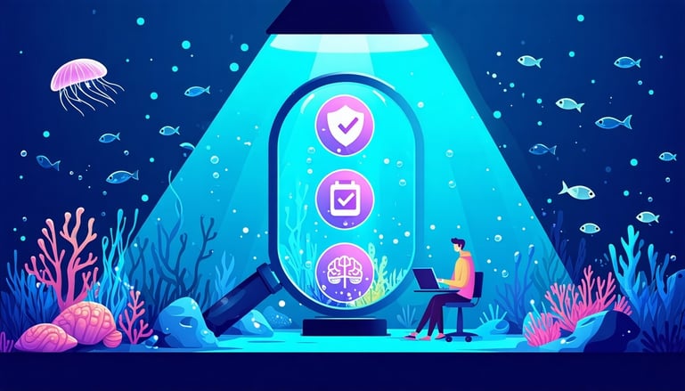 A flat modern digital illustration with an underwater theme representing the efficiency of security awareness training for MSPs The scene features a deep ocean background with aquatic elements like coral seaweed shells and a glowing jellyfish In the