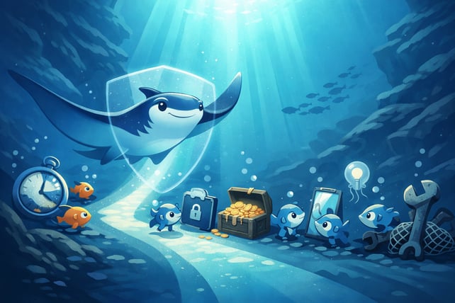 Manta Ray leading a school of fish through an ocean floor riddled with misconceptions like lack of time, too expensive, and tools should do the work.