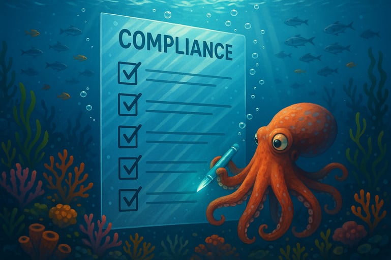 The scene captures a vibrant underwater world where colorful coral reefs and schools of fish swirl around a large translucent compliance checklist The checklist adorned with bubbles rising to the surface features neatly printed boxes that are being t