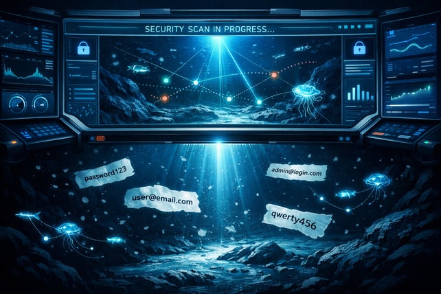 Underwater screen scanning the dark web with people's credentials floating in the water