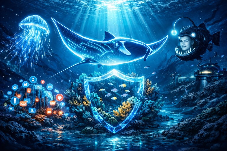 digitalart A bright digital illustration of a futuristic underwater ocean scene Glowing bioluminescent sea creatures represent modern cyber threats a