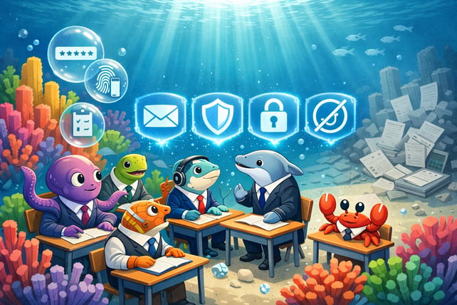 Sea Creatures sitting in desks underwater as they look at holographic security symbols