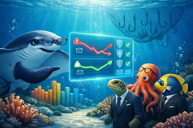 Manta Ray underwater presenting graphs to an octopus.