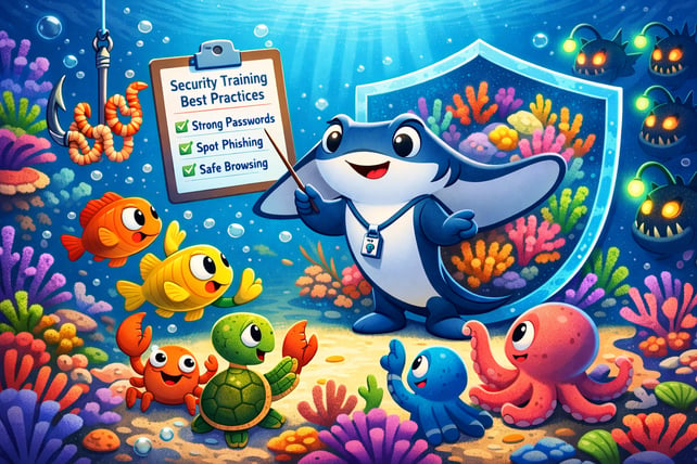 Manta Ray teaches a group of sea creates about security awareness training best practices