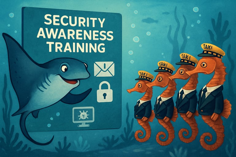 digitalart Digital art image of a manta ray teaching security awareness training to an underwater small business of seahorses dressed as taxi drivers