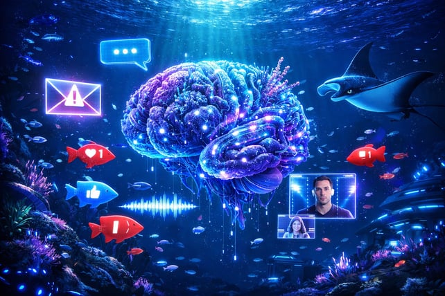 Futuristic brain underwater surrounded by floating notifications and images of video deepfakes