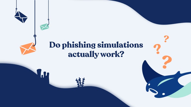 Blog thumbnail featuring the text “Do phishing simulations actually work?” surrounded by illustrated phishing hooks catching email envelopes. A cartoon manta ray swims in the lower right beneath orange question marks, using Phin’s navy, light blue, mint green, and orange brand colors.