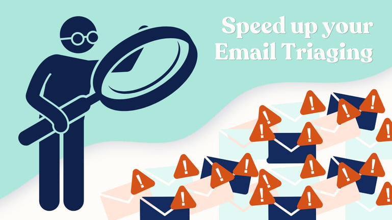 Icon of person with magnifying glass looking at a pile of reported phishing emails with the text "Speed up your email triaging"