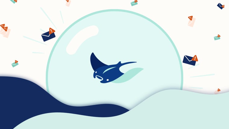 Illustrated blog thumbnail featuring a blue manta ray swimming inside a large pale teal circular bubble. Navy and light teal waves flow across the bottom of the image, while scattered email envelopes with orange warning icons surround the manta ray, representing suspicious or potentially malicious phishing emails.