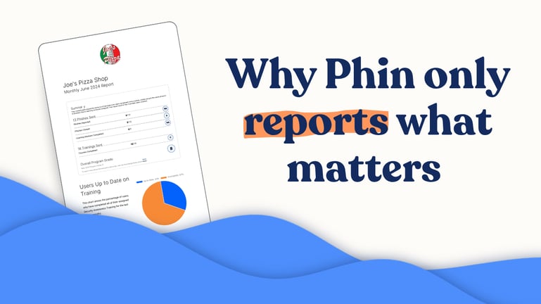 Blog graphic with the headline “Why Phin only reports what matters” in large navy text, with the word “reports” highlighted in orange. To the left is a tilted example of a Phin monthly security awareness report for a fictional Joe’s Pizza Shop, showing phishing simulation results, training completion grades, and a pie chart. Layered blue waves run across the bottom of the cream-colored background.