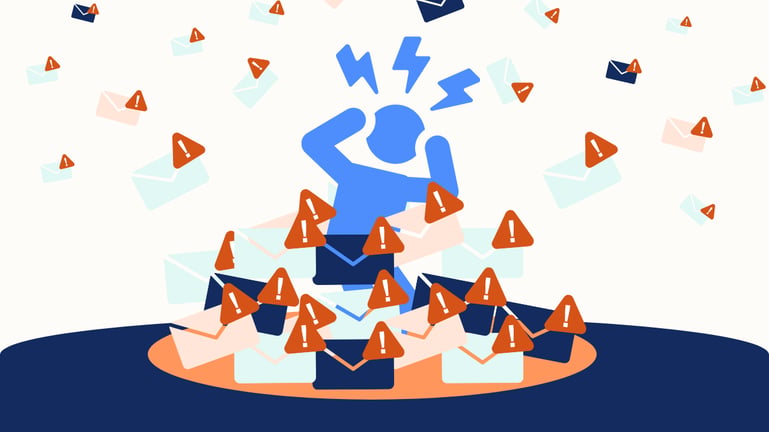 Stick figure whose visibly stressed standing in a pile of reported emails as more fly at him from the abyss