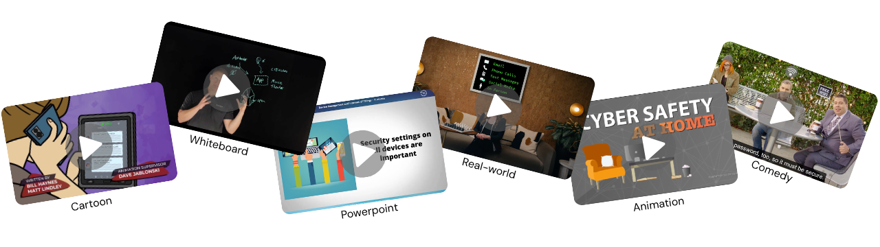 Thumbnails of different types of training content including: Cartoon, whiteboard, powerpoint, real-word scenarios, animation, and comedy