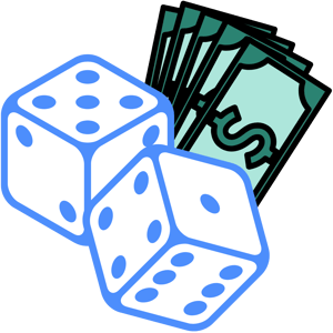 Illustrated blue and white dice in front of 5 green $1 bills Illustrated blue and white dice in front of 5 green $1 bills
