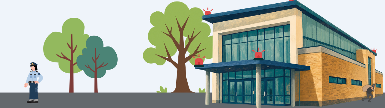 Illustration of oblivious security guard standing outside a building that has alarms blaring as a burglar runs away. This illustrates how dark web monitoring is an alarm, not a security guard.
