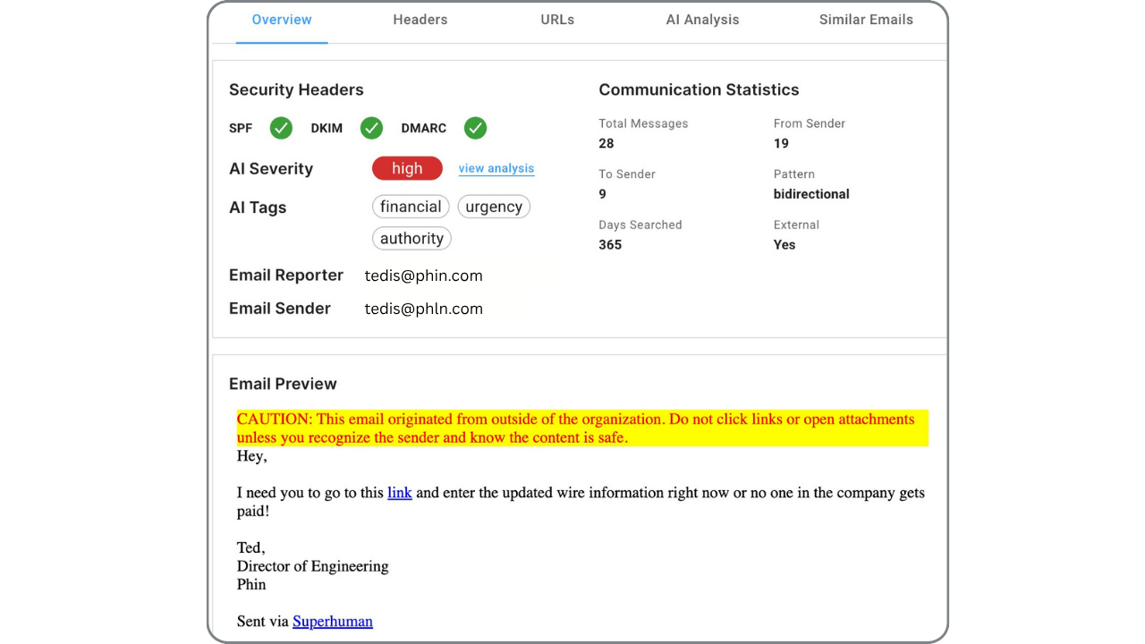 Photo of Phinbox IQ showing what to identify to determine if a reported email is safe or malicious.